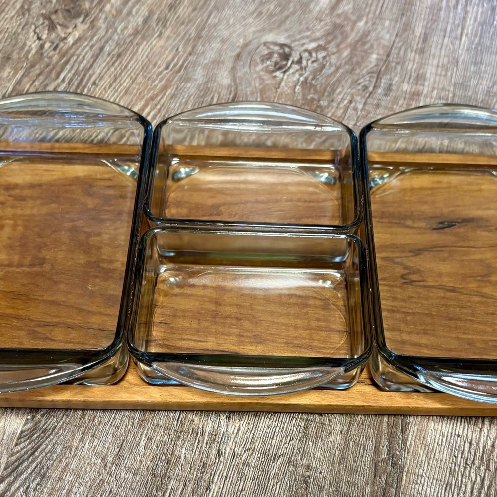 Vintage MCM Danish Teak Serving Tray w/Glass Dishes